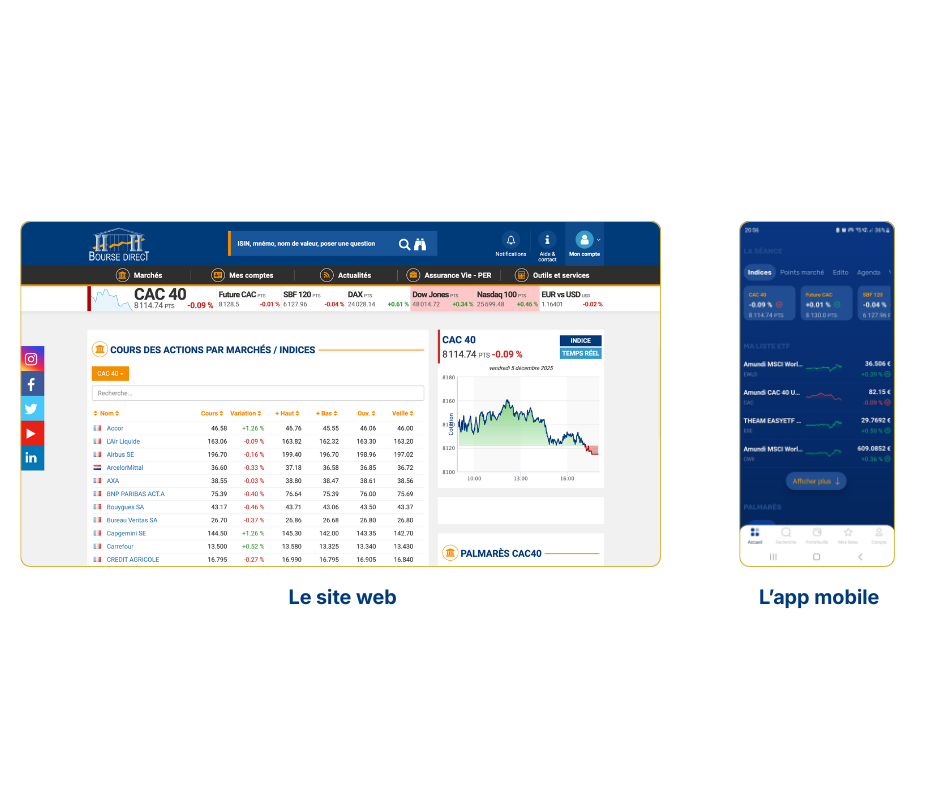 Comparaison entre l’interface web et l'application mobile de Bourse Direct.
