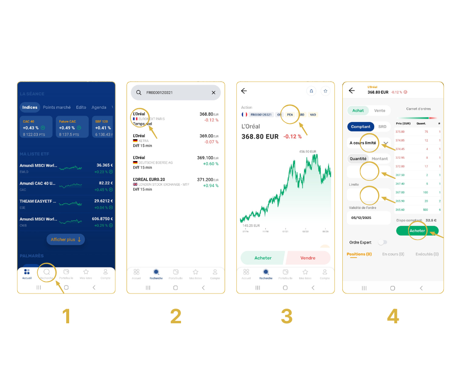 Interface Bourse Direct montrant où passer un ordre d’achat dans un PEA.