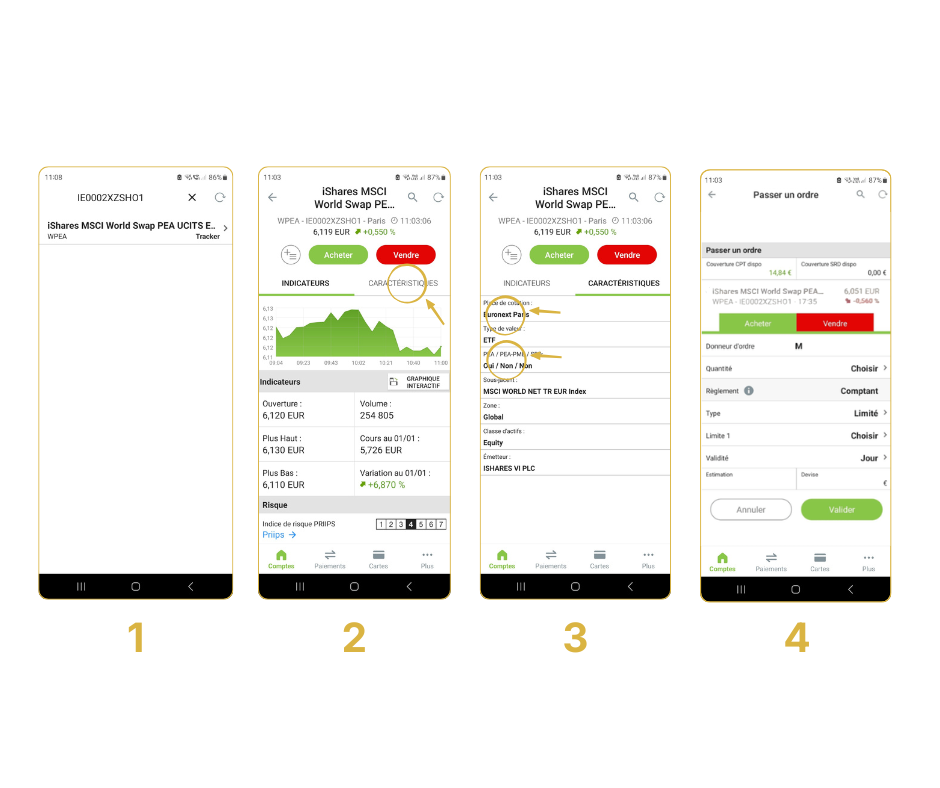 Interface Fortuneo montrant où passer un ordre d’achat dans un PEA.