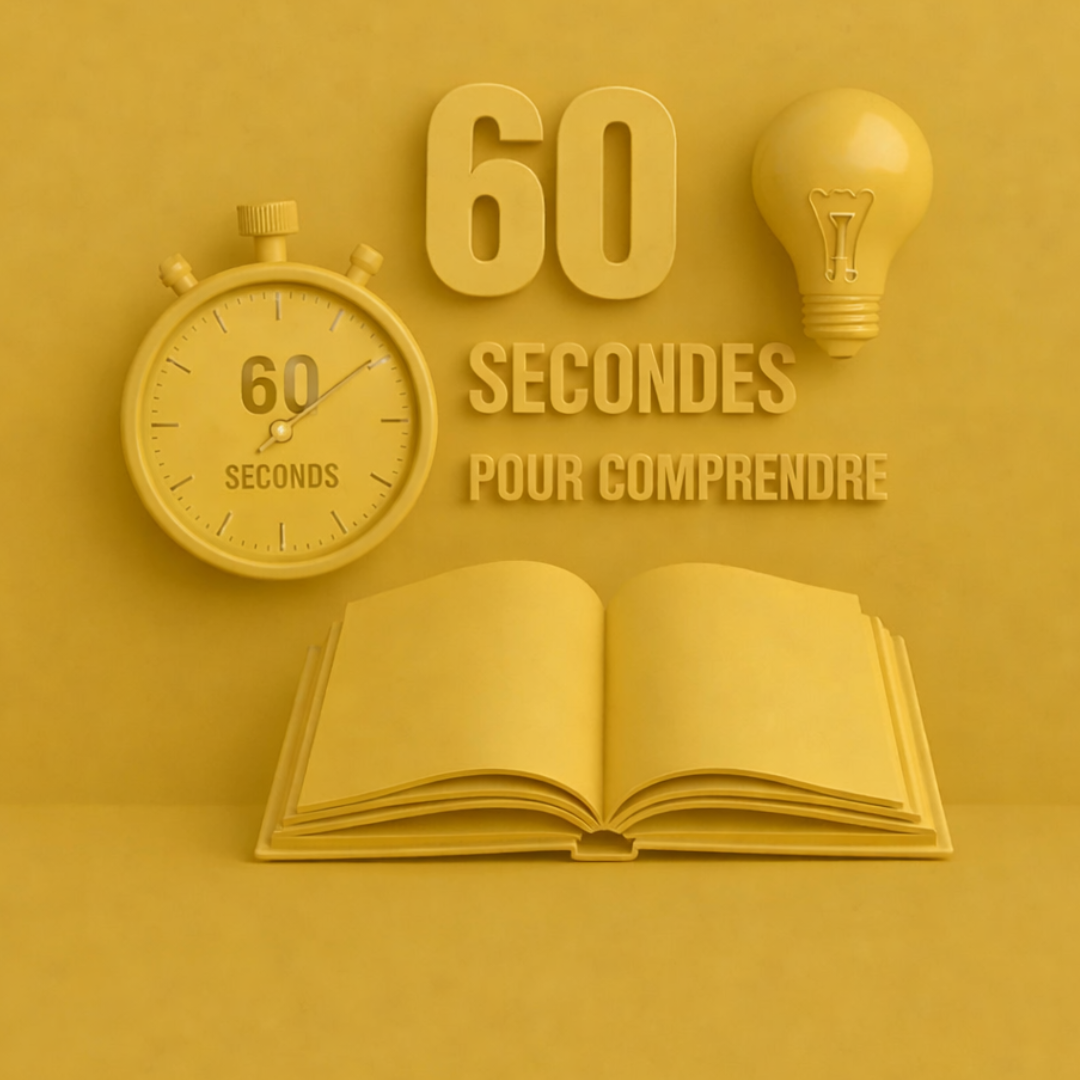 Illustration 3D représentant un chronomètre et un livre pour expliquer un concept en 60 secondes