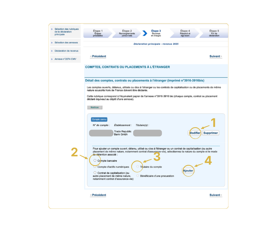 Exemple de formulaire 3916-3916 bis rempli pour déclarer un compte étranger aux impôts
