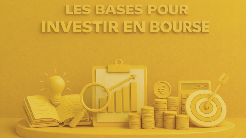 Illustration des bases pour investir en bourse avec graphique de croissance, diversification et concepts financiers en arrière-plan