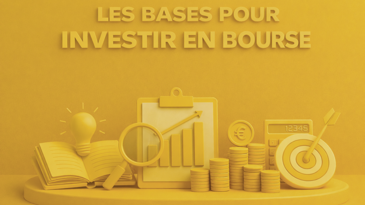 Illustration des bases pour investir en bourse avec graphique de croissance, diversification et concepts financiers en arrière-plan
