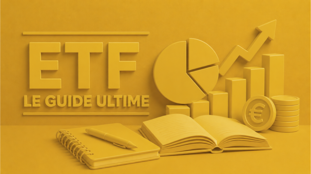 Illustration en 3D dorée représentant un guide complet sur les ETF avec graphiques financiers, pièces, livre et diagrammes.