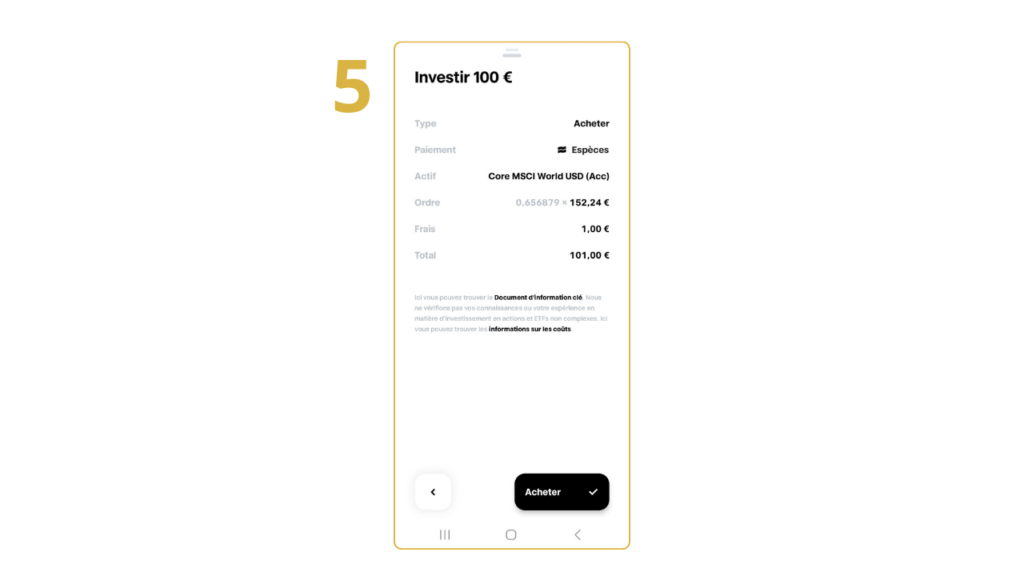 Récapitulatif d'un ordre d'achat d'ETF sur Trade Republic avant validation.