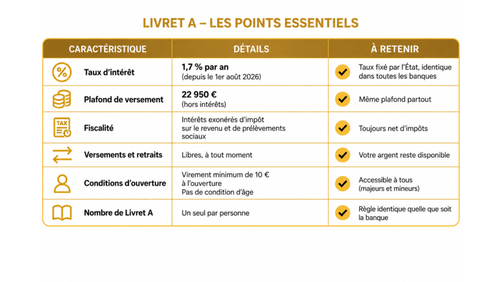 Tableau récapitulatif des caractéristiques du Livret A : taux, plafond, fiscalité, disponibilité et conditions d’ouverture