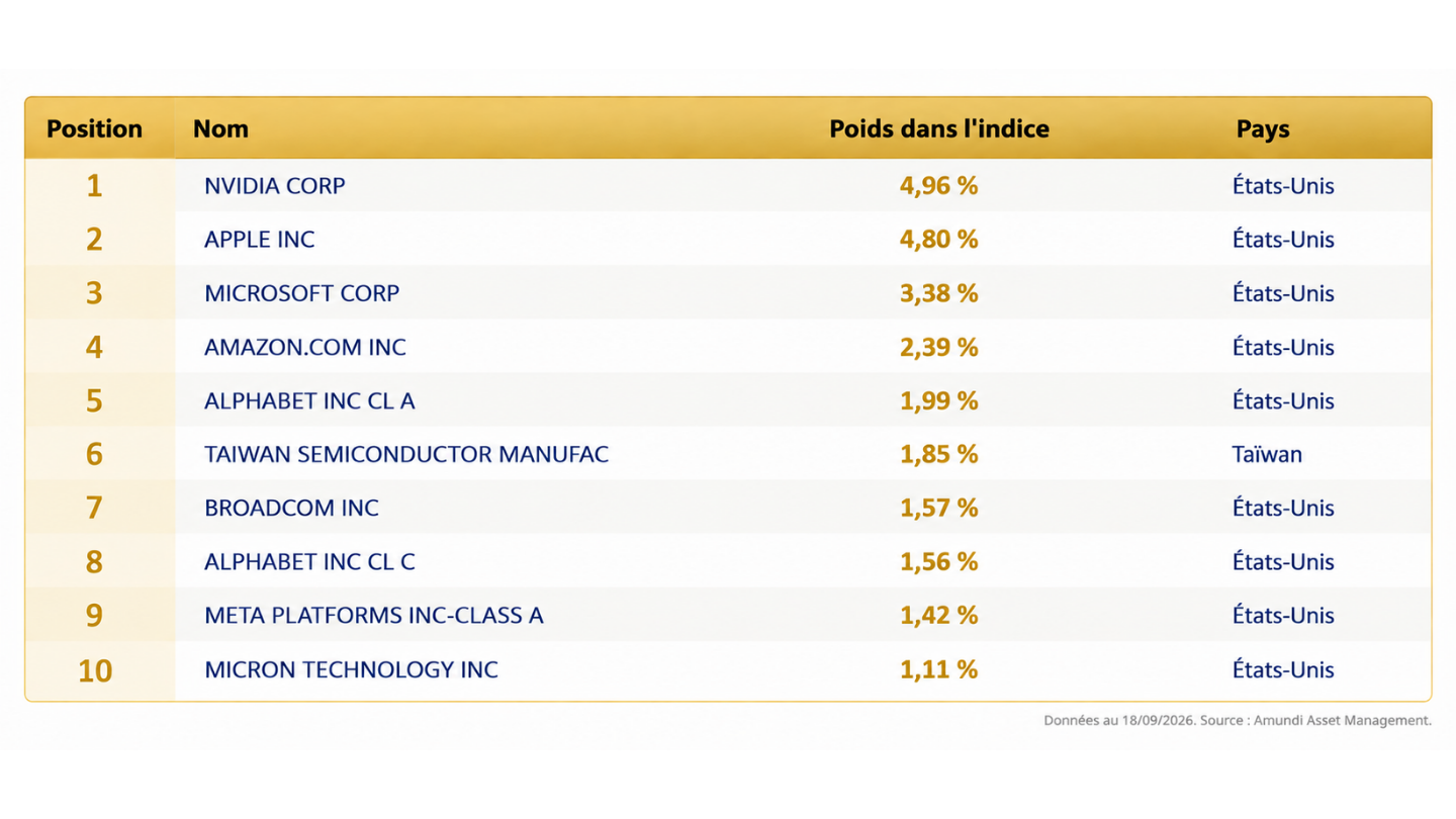 Tableau des 10 plus grandes entreprises du MSCI ACWI et de leur poids dans l’indice.