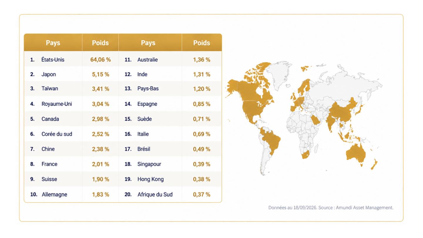 Répartition des 20 principaux pays de l’indice MSCI ACWI et leur poids dans l’indice