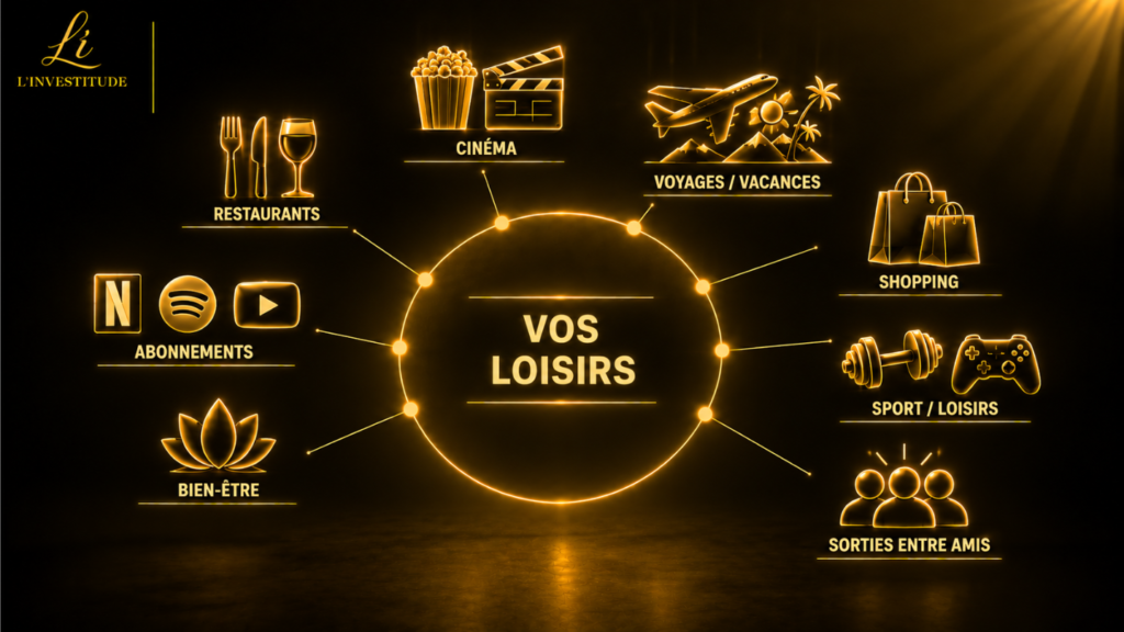 Illustration des loisirs dans la méthode 50/30/20 : restaurants, cinéma, voyages, shopping, sport, sorties et abonnements.