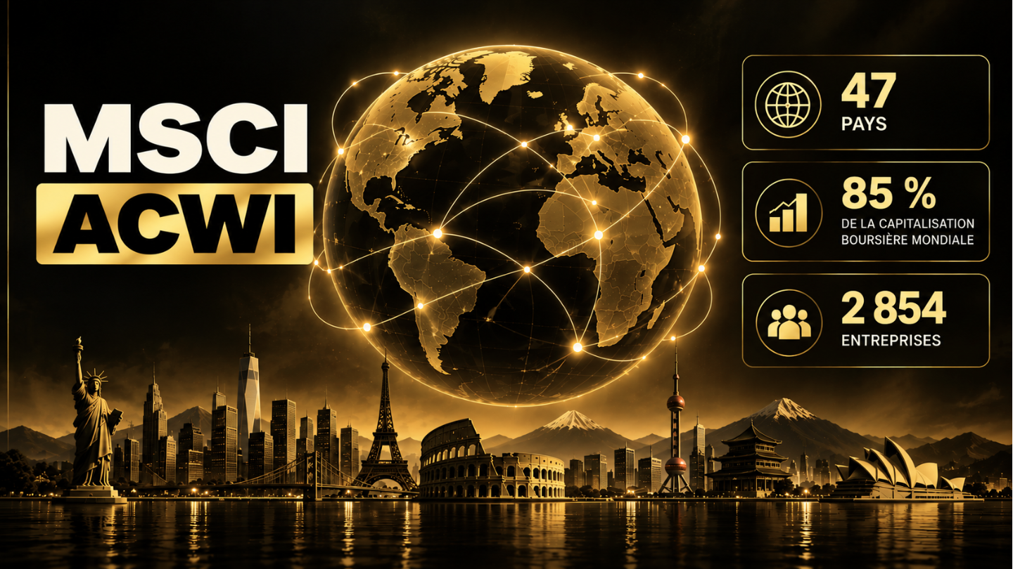 Illustration du MSCI ACWI : 47 pays, 2 854 entreprises et 85 % du marché boursier mondial